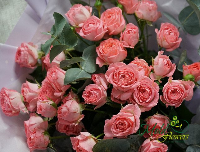 Buchet de trandafiri roz spray și eucalipt foto